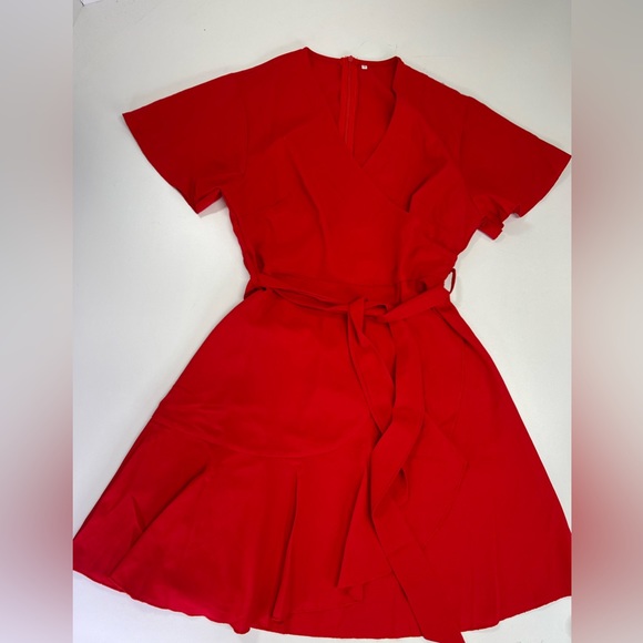 Amazon Red Faux Wrap Sun Dress Short Sleeve Size Small New in Bag - Picture 2 of 14